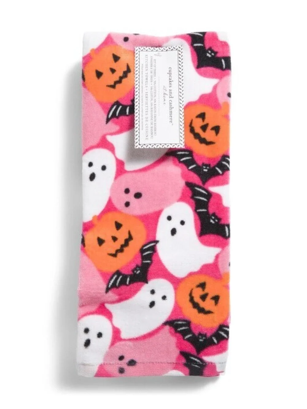 NEGATIVE SPACE HALLOWEEN TOSS KITCHEN TOWELS SET OF 3 PINK BLACK GHOST PUMPKIN N